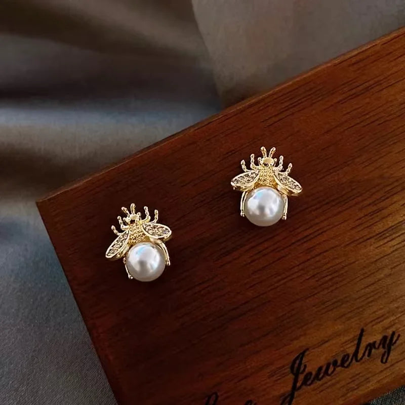 Honey Bee Pearl Stud Earrings
