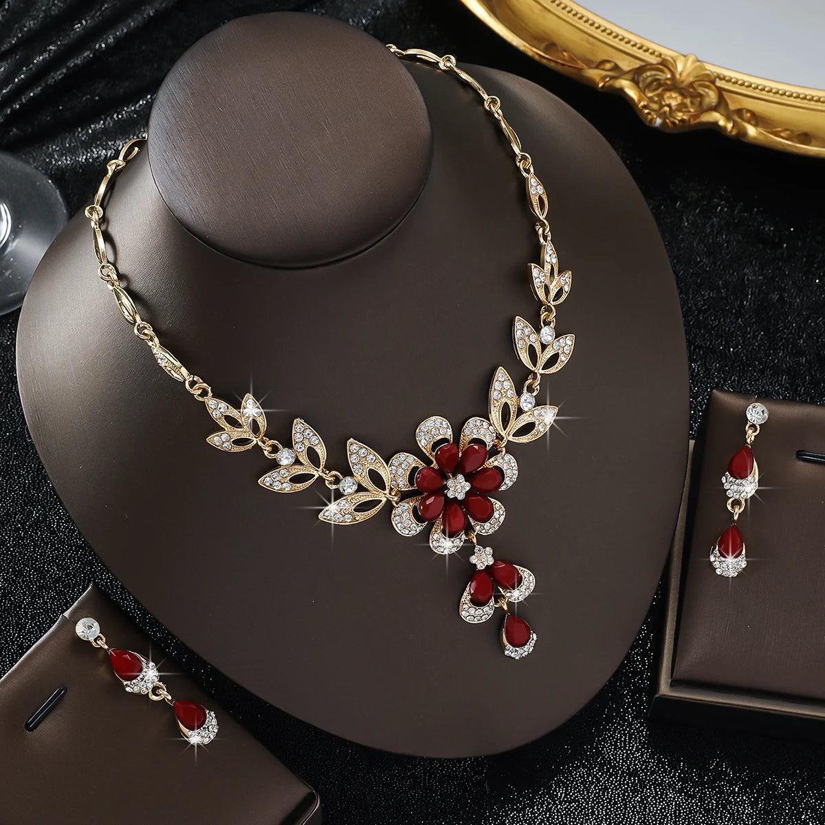Elegant Floral Crystal Necklace & Earrings Set for Weddings and Formals