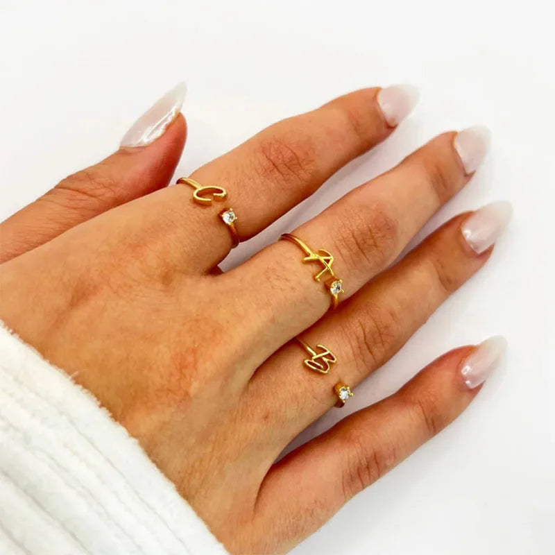 Tiny Initial Letter Rings For Women Stainless Steel A-Z
