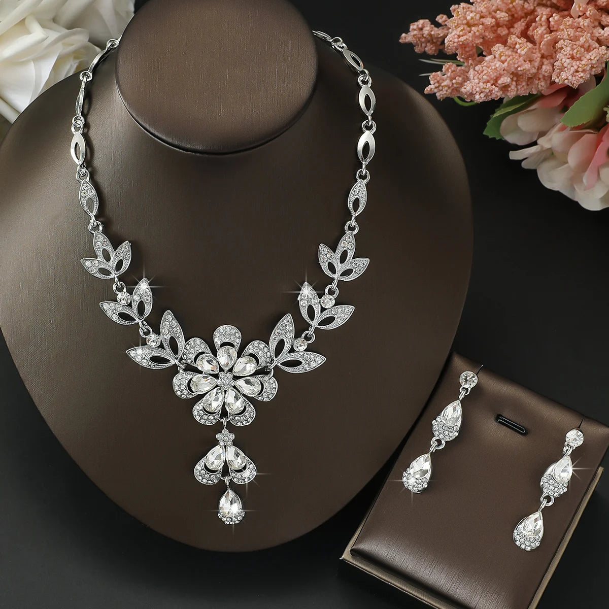Elegant Floral Crystal Necklace & Earrings Set for Weddings and Formals