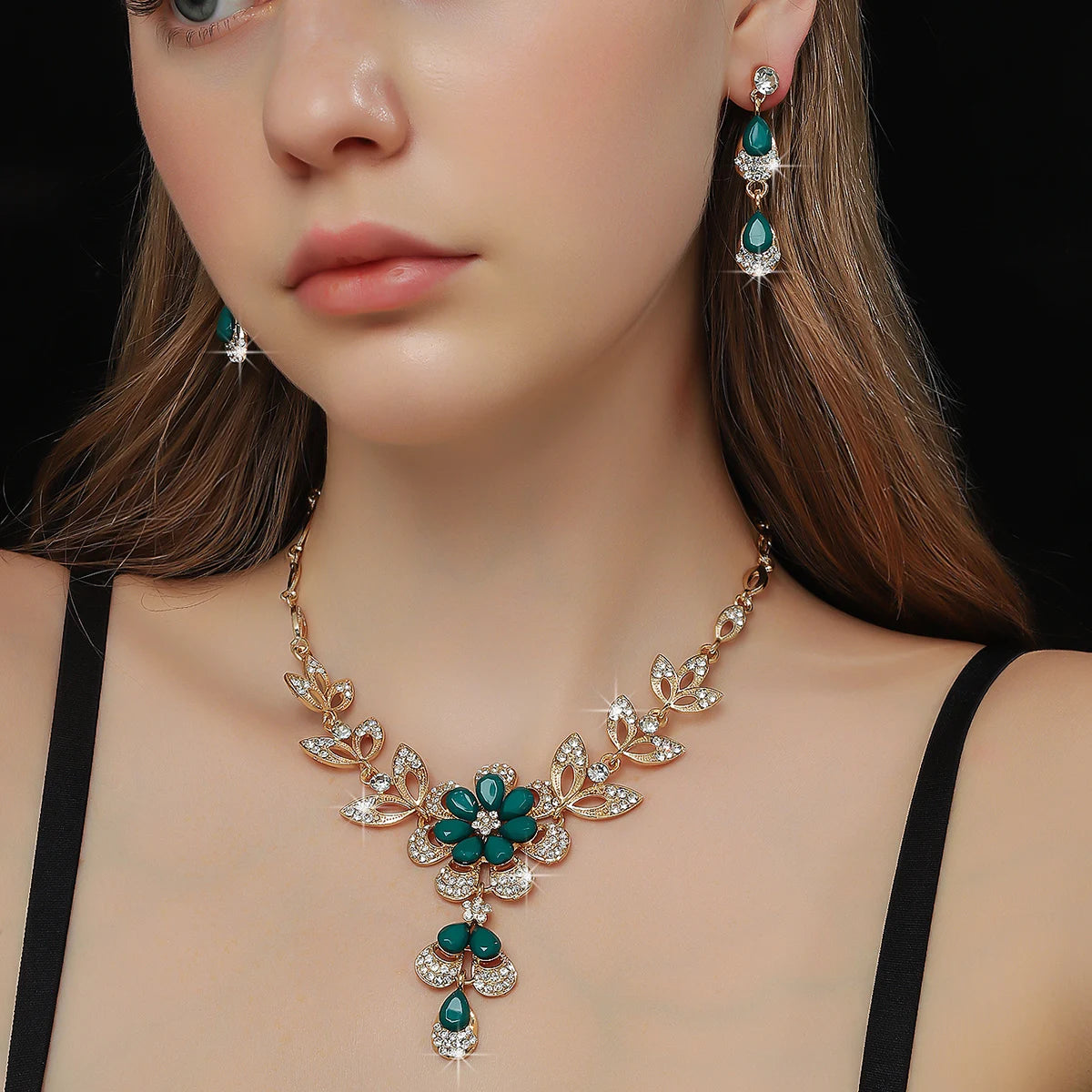 Elegant Floral Crystal Necklace & Earrings Set for Weddings and Formals