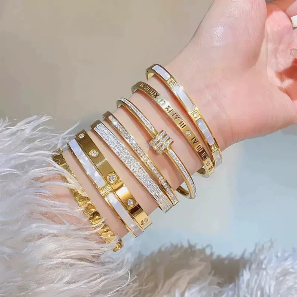 5/1pcs Sparkling Zirconia Inlaid Stainless Steel Bracelet Set