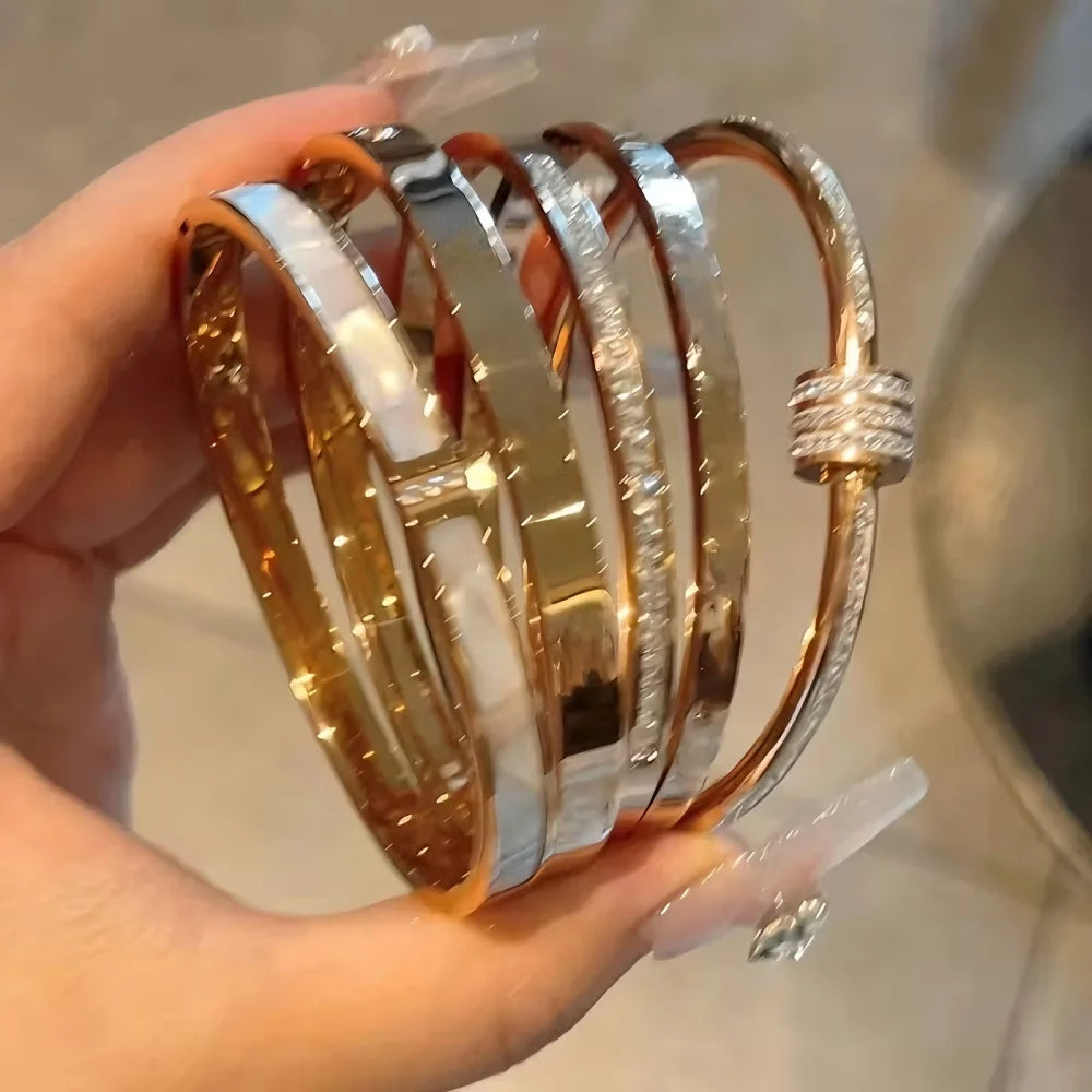 5/1pcs Sparkling Zirconia Inlaid Stainless Steel Bracelet Set