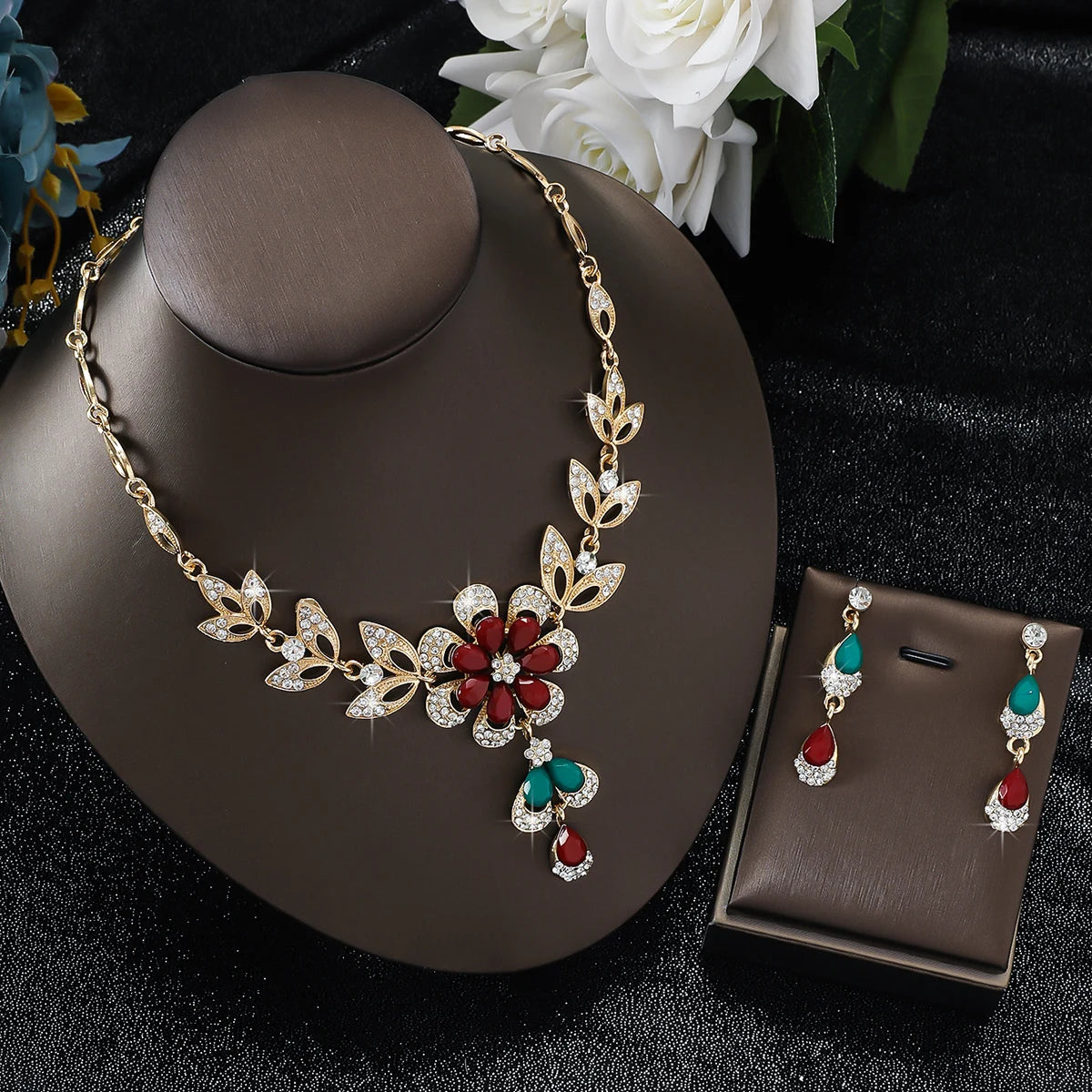 Elegant Floral Crystal Necklace & Earrings Set for Weddings and Formals