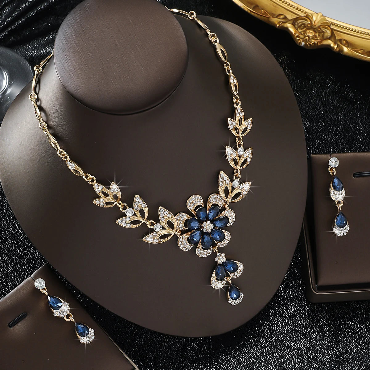 Elegant Floral Crystal Necklace & Earrings Set for Weddings and Formals