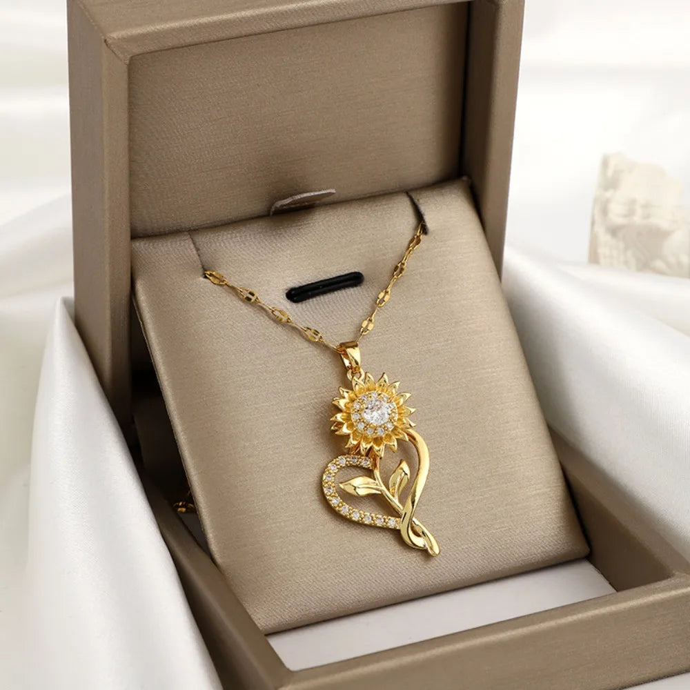 Rotatable Sunflower Zircon Necklace