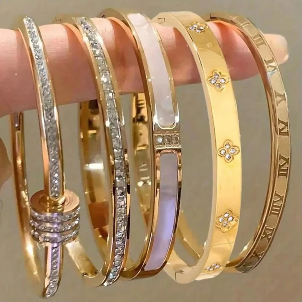 5/1pcs Sparkling Zirconia Inlaid Stainless Steel Bracelet Set