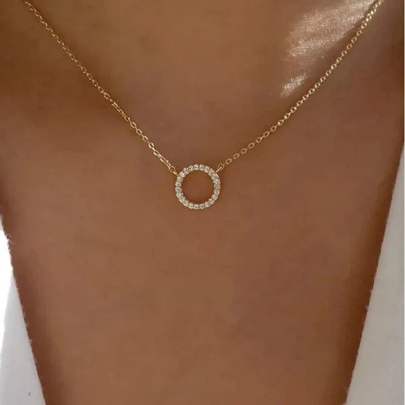 Trend Elegant Jewelry Simple Crystal Circle Pendant Necklace Golden Color