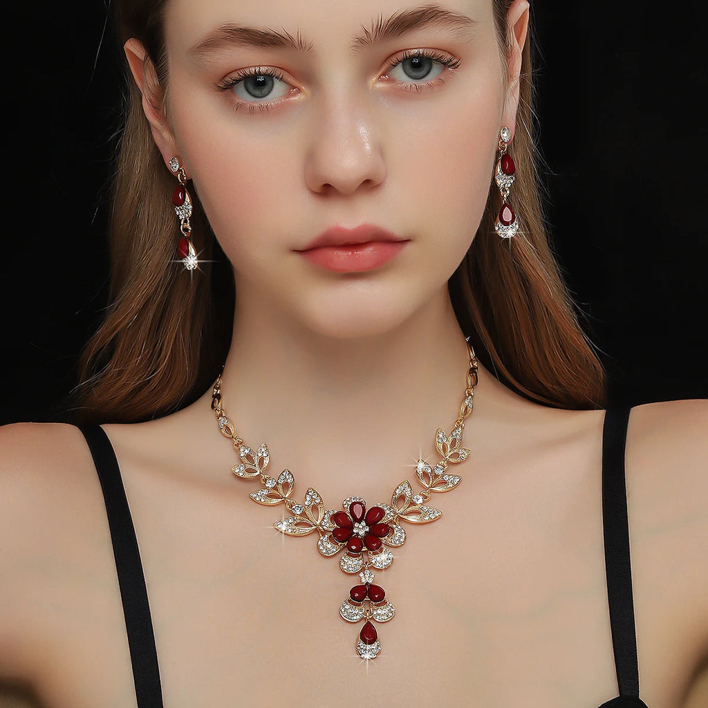 Elegant Floral Crystal Necklace & Earrings Set for Weddings and Formals