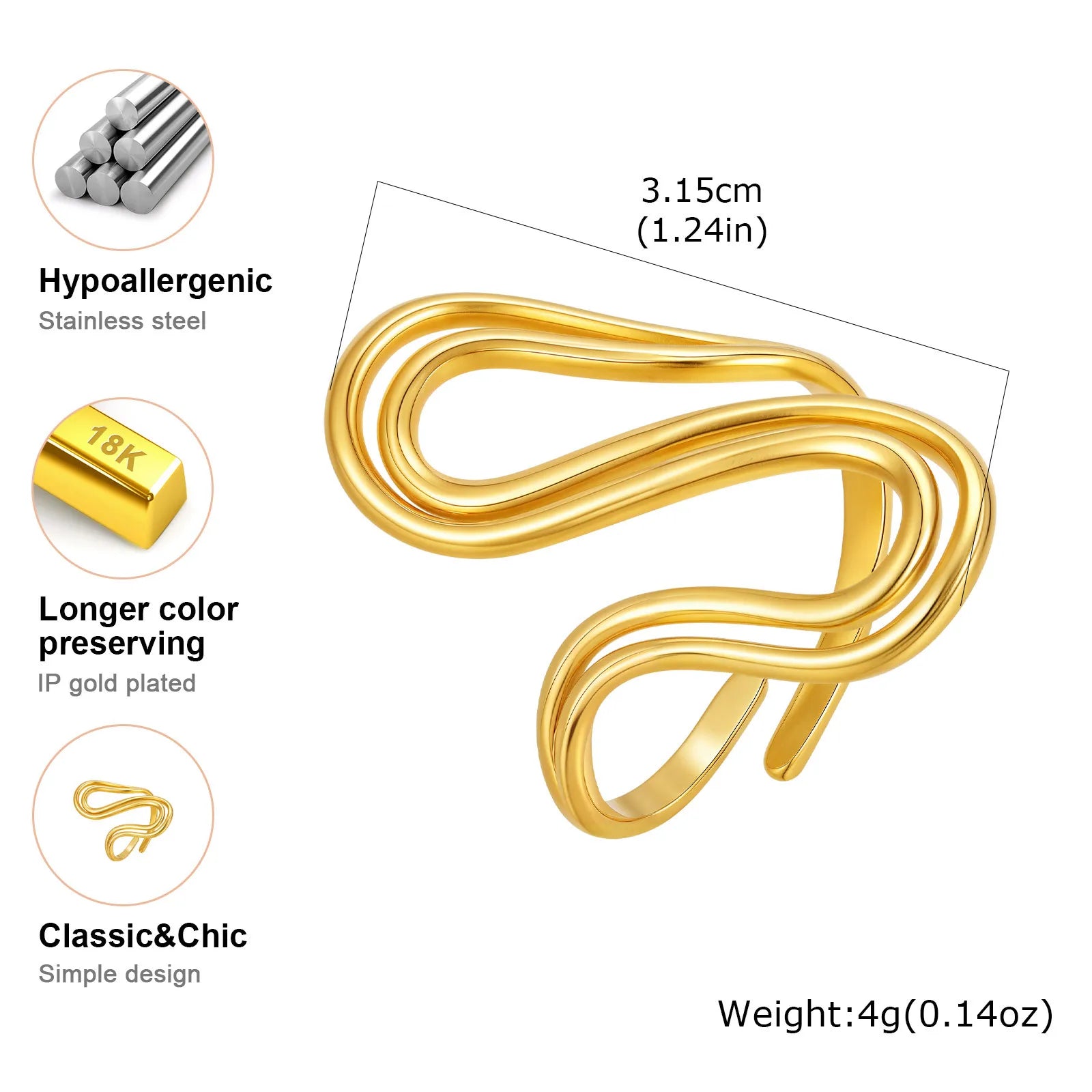 Ring 18k Gold Plated Stylish Open
