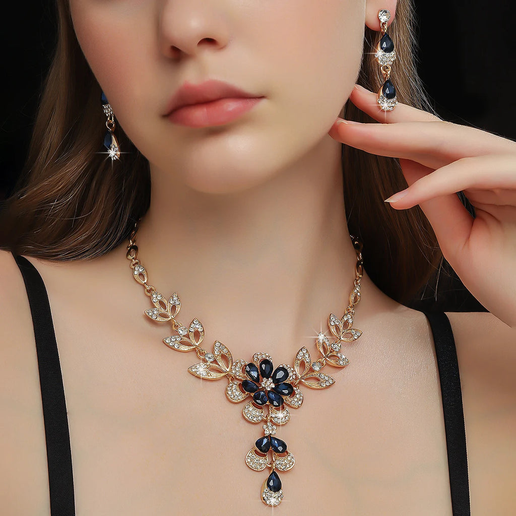 Elegant Floral Crystal Necklace & Earrings Set for Weddings and Formals