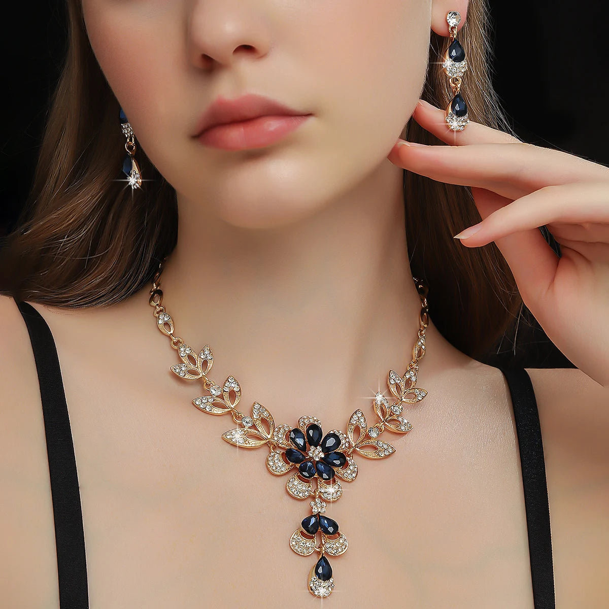 Elegant Floral Crystal Necklace & Earrings Set for Weddings and Formals