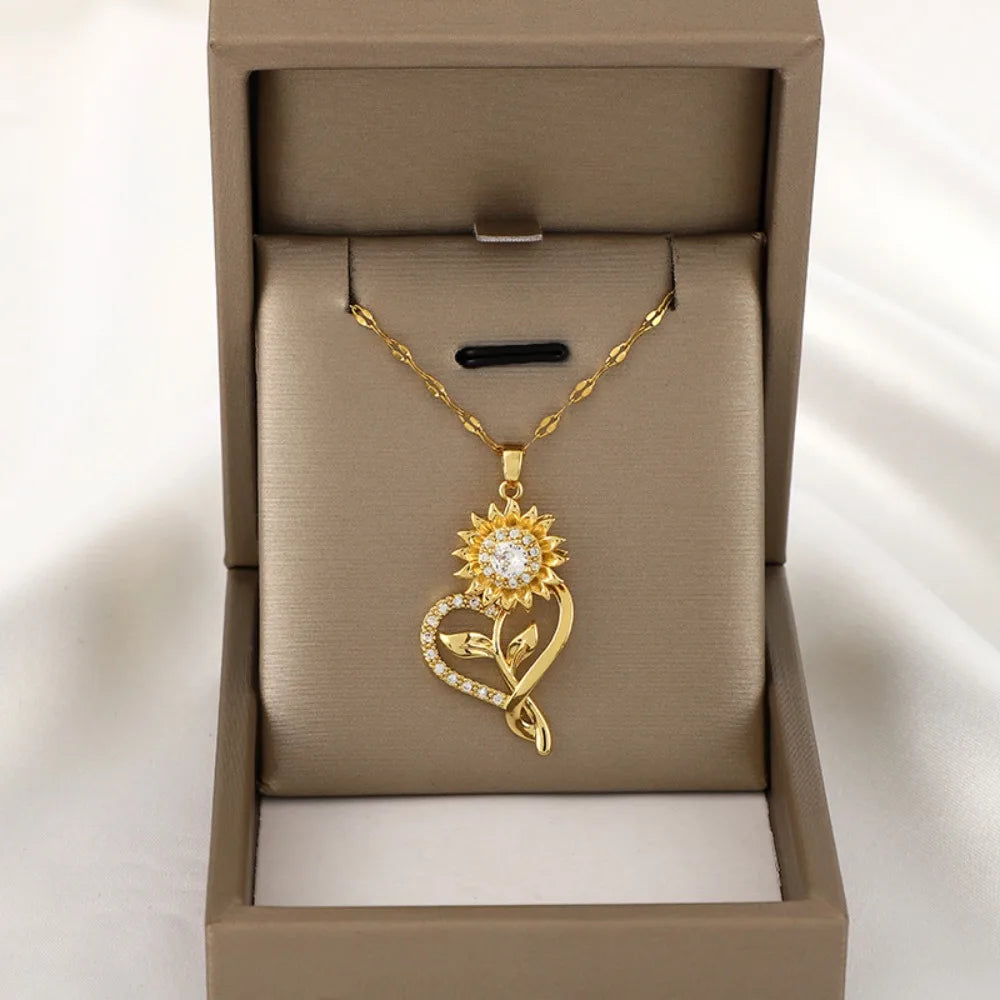 Rotatable Sunflower Zircon Necklace