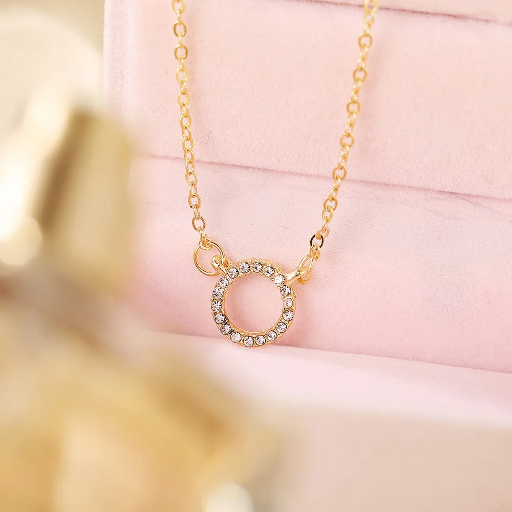 Trend Elegant Jewelry Simple Crystal Circle Pendant Necklace Golden Color