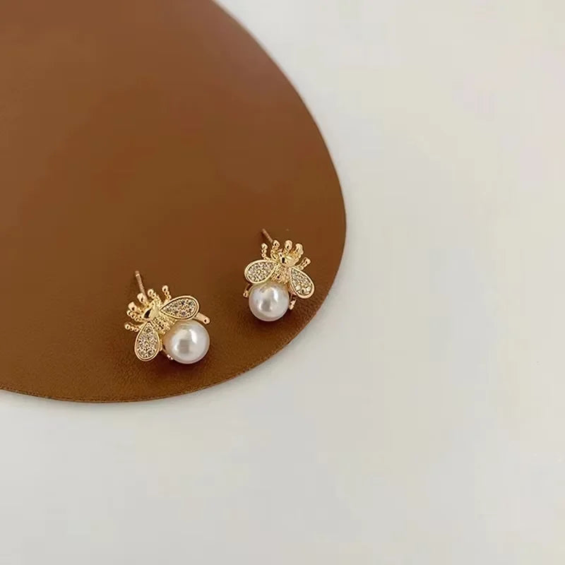 Honey Bee Pearl Stud Earrings