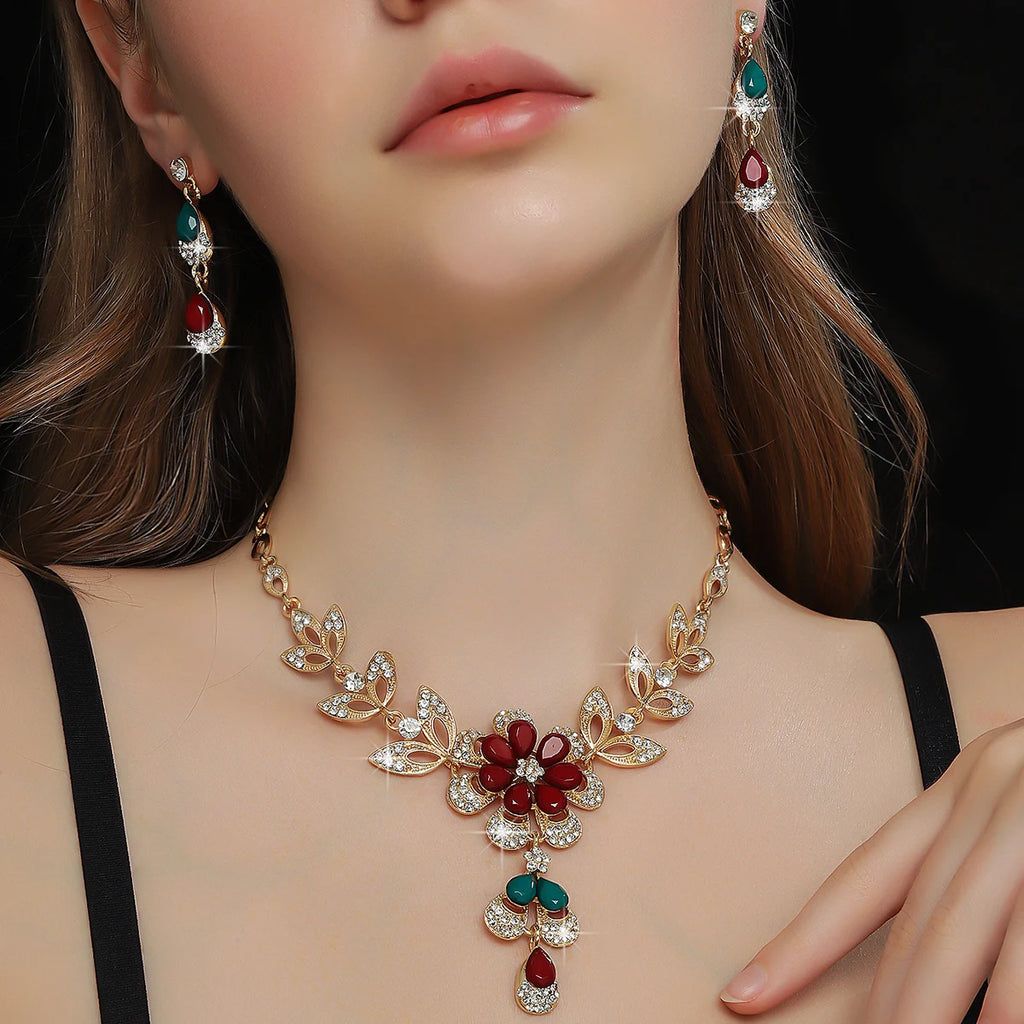 Elegant Floral Crystal Necklace & Earrings Set for Weddings and Formals