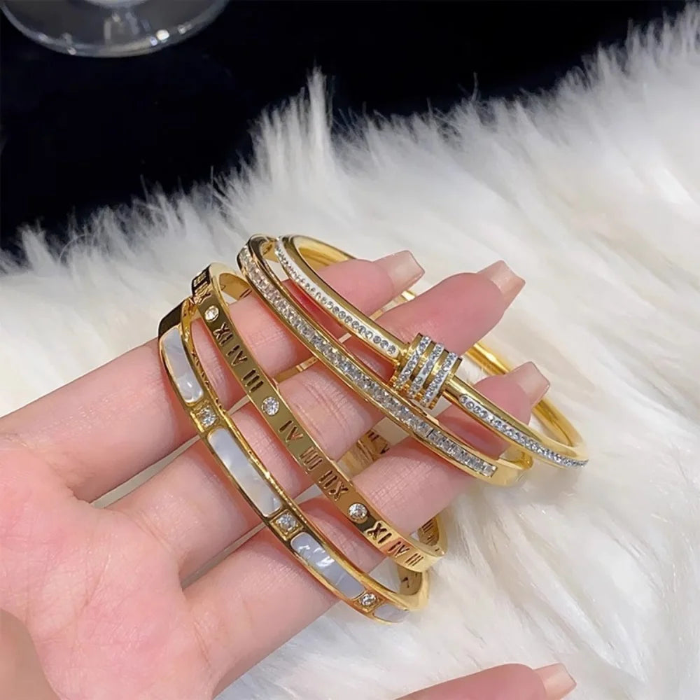 5/1pcs Sparkling Zirconia Inlaid Stainless Steel Bracelet Set