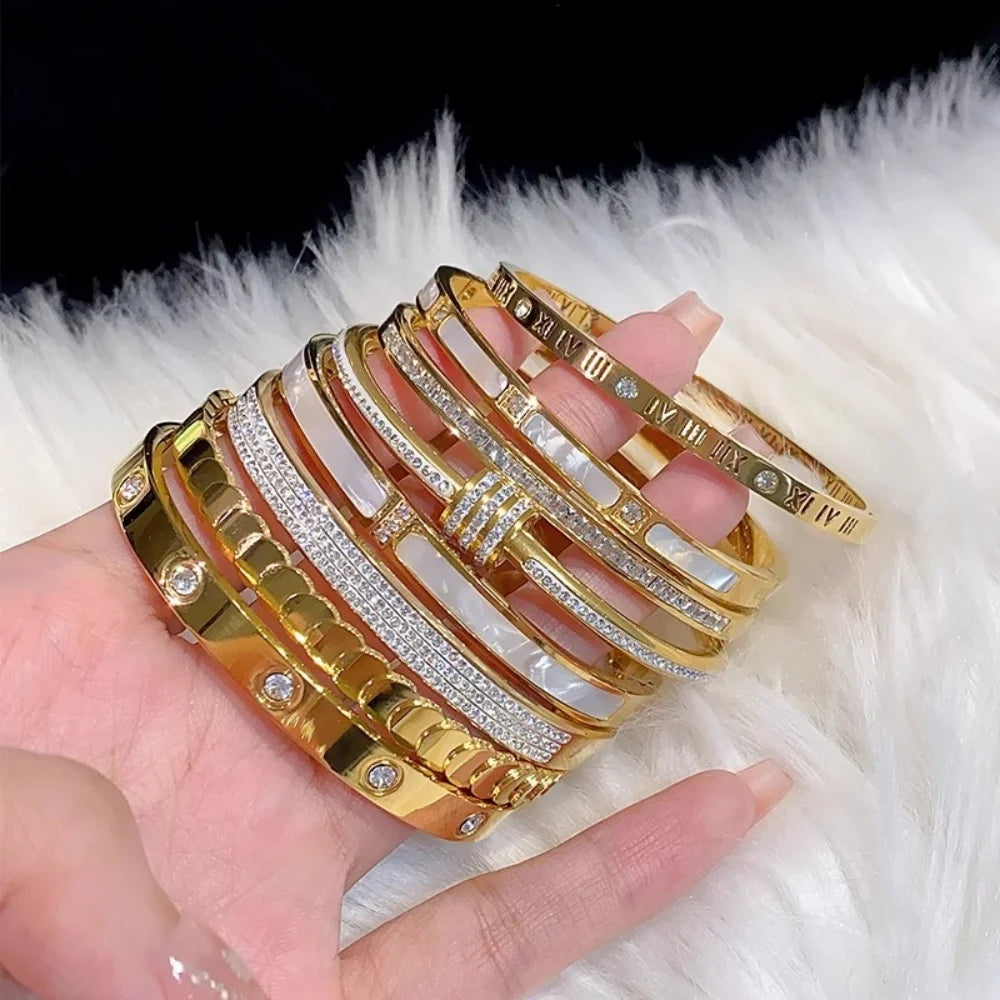 5/1pcs Sparkling Zirconia Inlaid Stainless Steel Bracelet Set