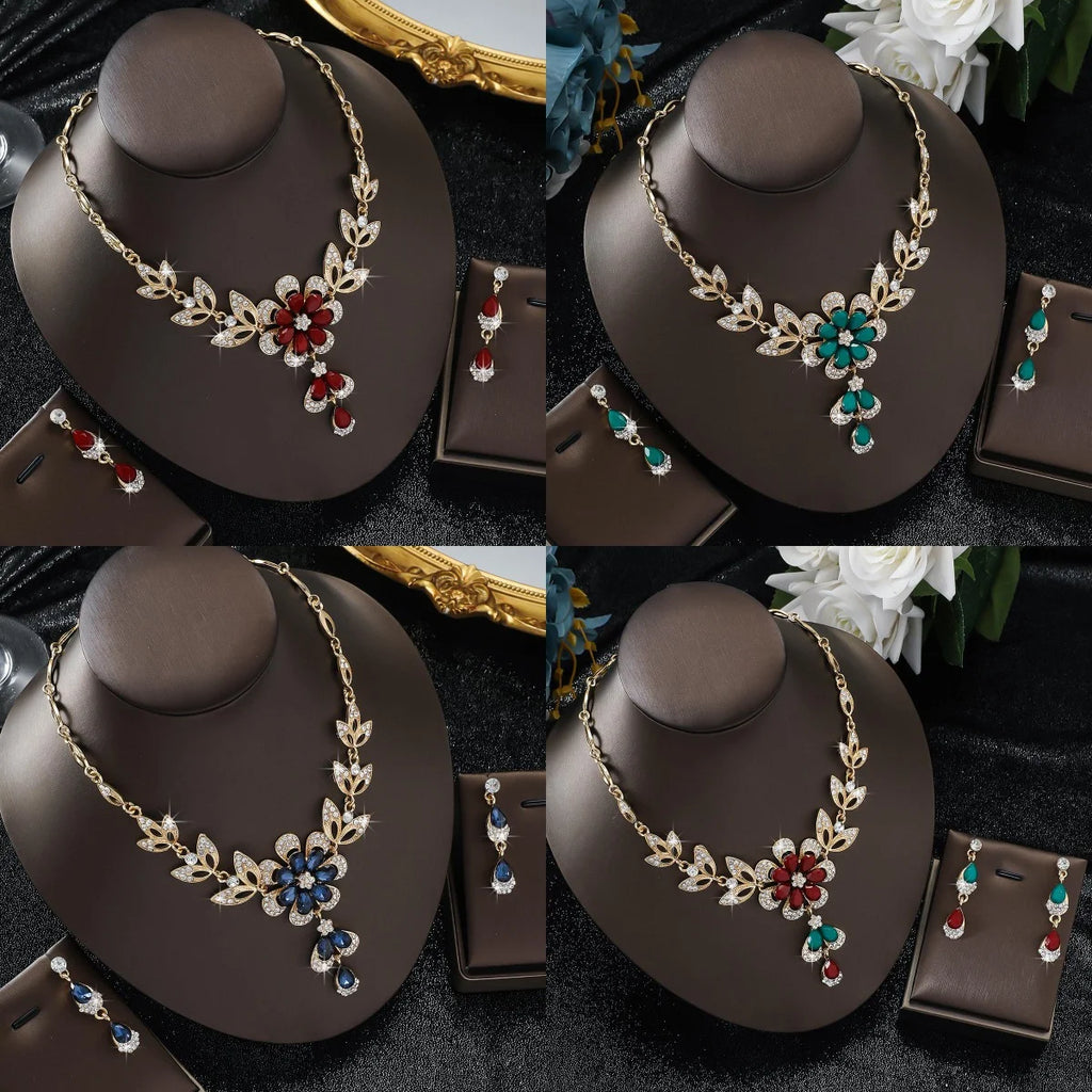Elegant Floral Crystal Necklace & Earrings Set for Weddings and Formals