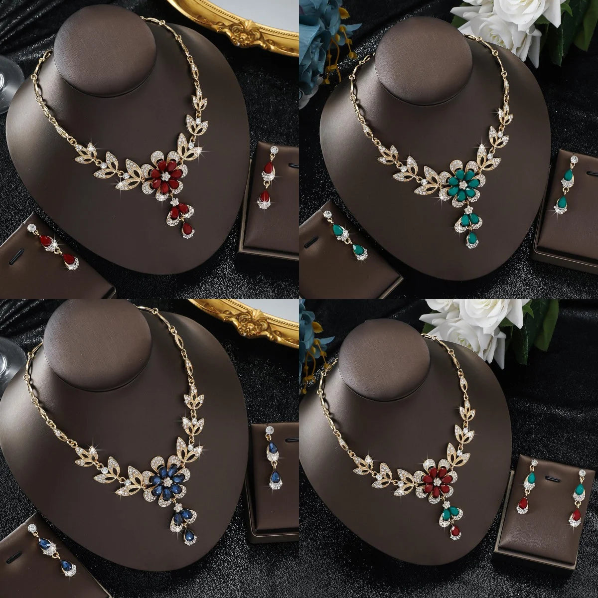 Elegant Floral Crystal Necklace & Earrings Set for Weddings and Formals