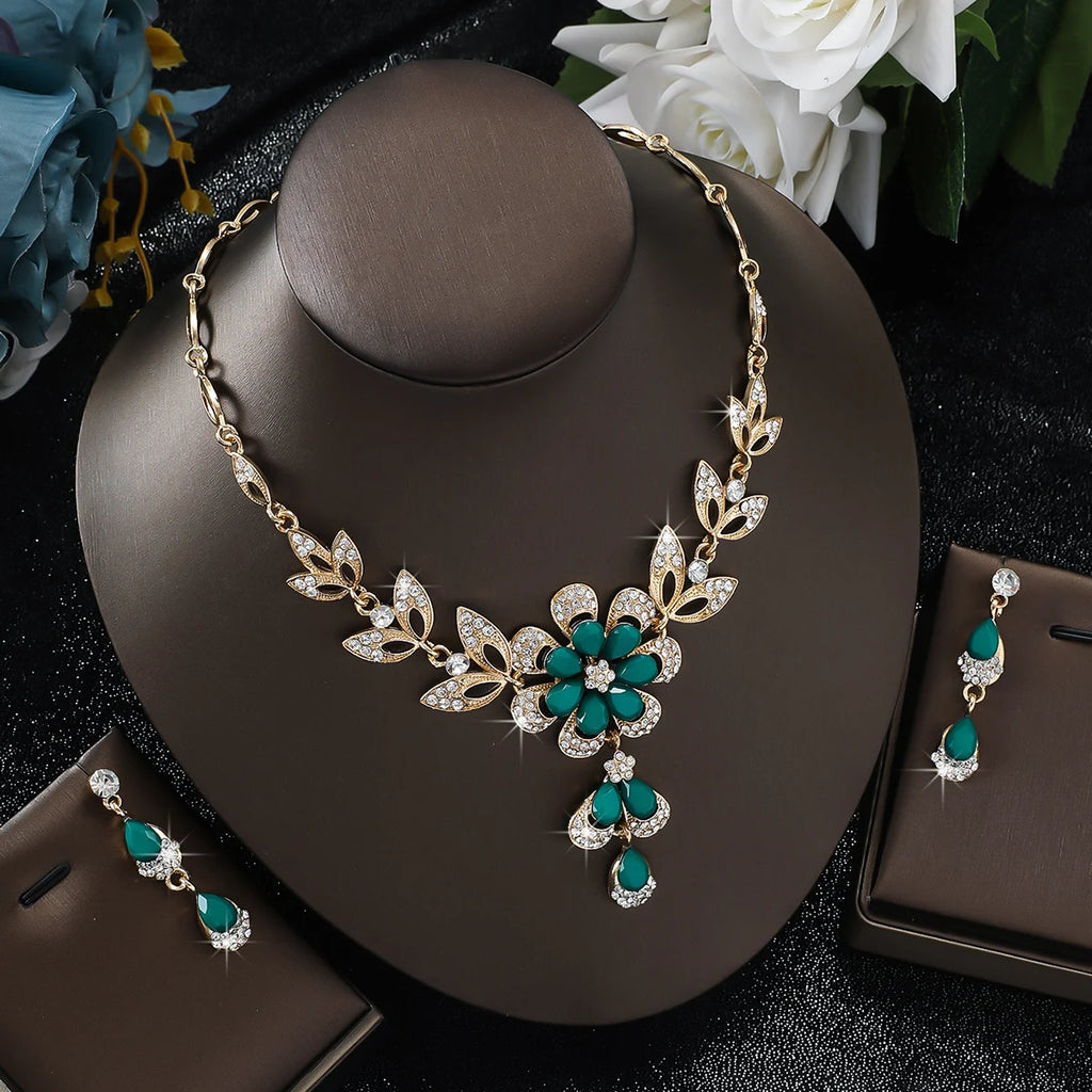 Elegant Floral Crystal Necklace & Earrings Set for Weddings and Formals
